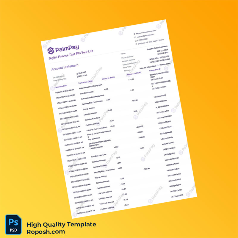 Nigeria PalmPay Account Statement Template in Word and PDF formats 3 page Nigeria PalmPay Account Statement Template in Word and PDF formats 3 page