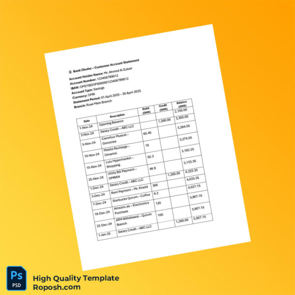 Oman Bank Dhofar Statement Template in Word and PDF formats 2 page