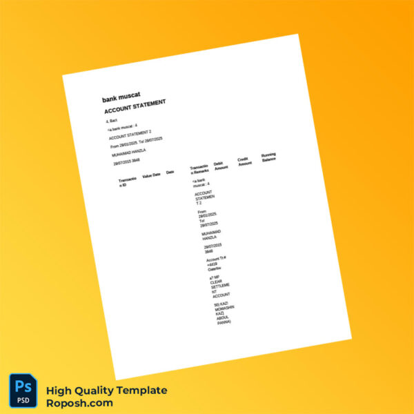 Oman Bank Muscat Account Statement Template in Word and PDF formats 3 page