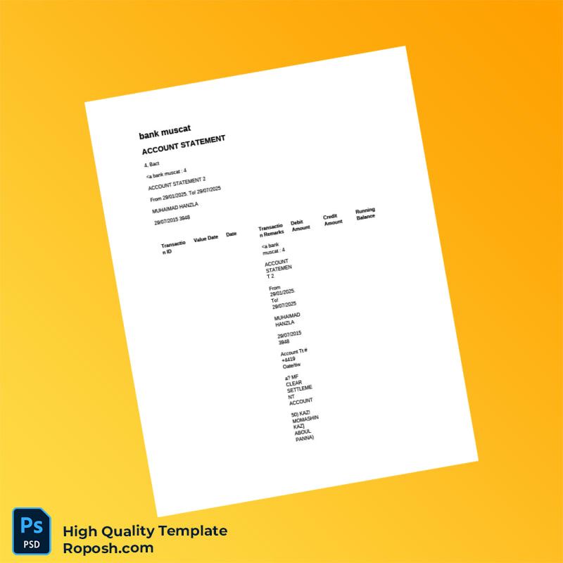 Oman Bank Muscat Account Statement Template in Word and PDF formats 3 page Oman Bank Muscat Account Statement Template in Word and PDF formats 3 page