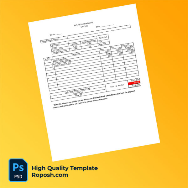 Pakistan Ahmad Cotton Industry Editable Cotton Factory Bill Template in Word and PDF formats