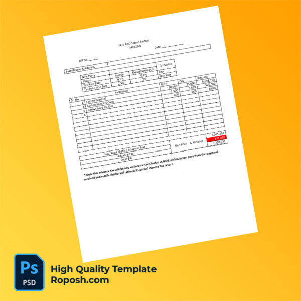 Pakistan Ahmad Cotton Industry Editable Cotton Factory Bill Template in Word and PDF formats