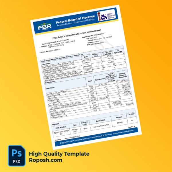 Pakistan Federal Board of Revenue Editable Income Tax Acknowledgement Slip Template in Word and PDF formats