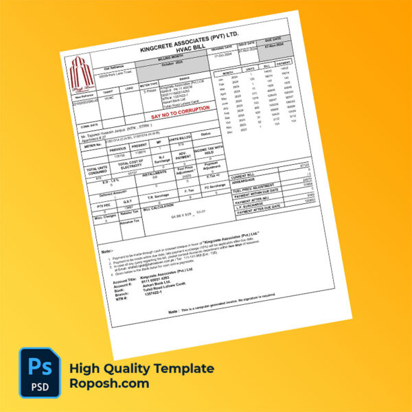 Pakistan Kingcrete Associates (Pvt) Ltd Editable HVAC Bill Template in Word and PDF formats