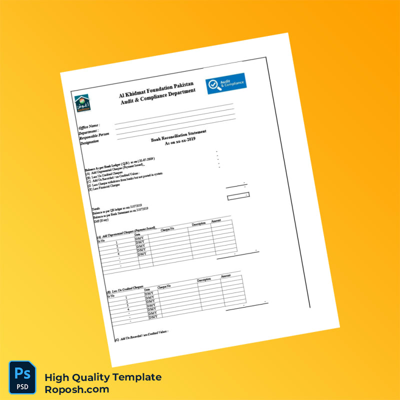 Pakistan Al Khidmat Foundation Bank Reconciliation Statement Template in Word and PDF formats 2 page Pakistan Al Khidmat Foundation Bank Reconciliation Statement Template in Word and PDF formats 2 page