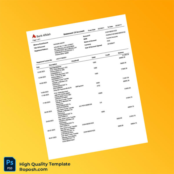 Pakistan Alfalah Bank Editable Statement Of Account Template in Word and PDF formats 2 page