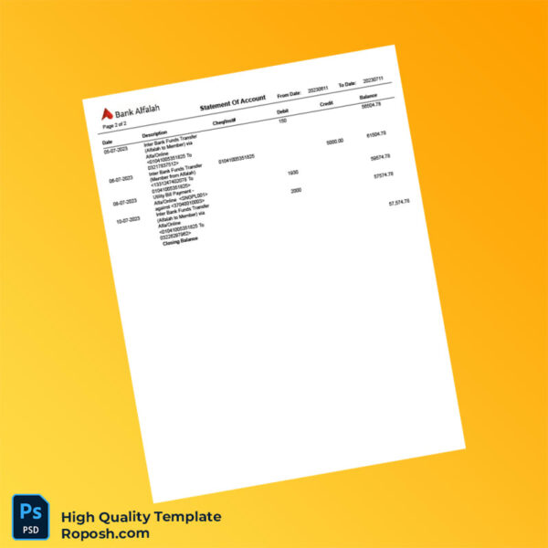 Pakistan Alfalah Bank Editable Statement Of Account Template in Word and PDF formats 2 page
