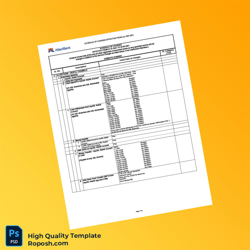 Pakistan Allied Bank Limited Editable Digital Banking Charges Template in Word and PDF formats 2 page Pakistan Allied Bank Limited Editable Digital Banking Charges Template in Word and PDF formats 2 page