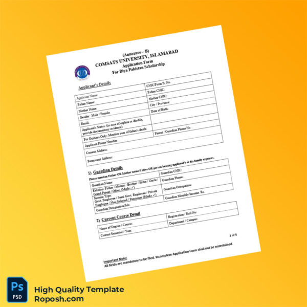 Pakistan COMSATS University Islamabad Editable Diya Pakistan Application Form Template in Word and PDF formats 5 page