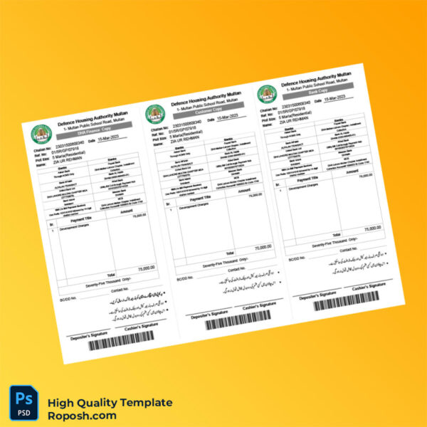 Pakistan Defence Housing Authority Editable Challan Template in Word and PDF formats
