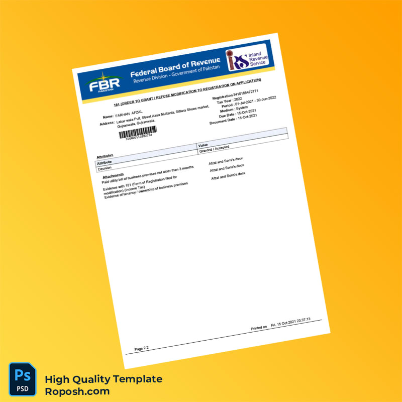 Pakistan Editable Tax Registration Document Template in Word and PDF formats 2 page Pakistan Editable Tax Registration Document Template in Word and PDF formats 2 page