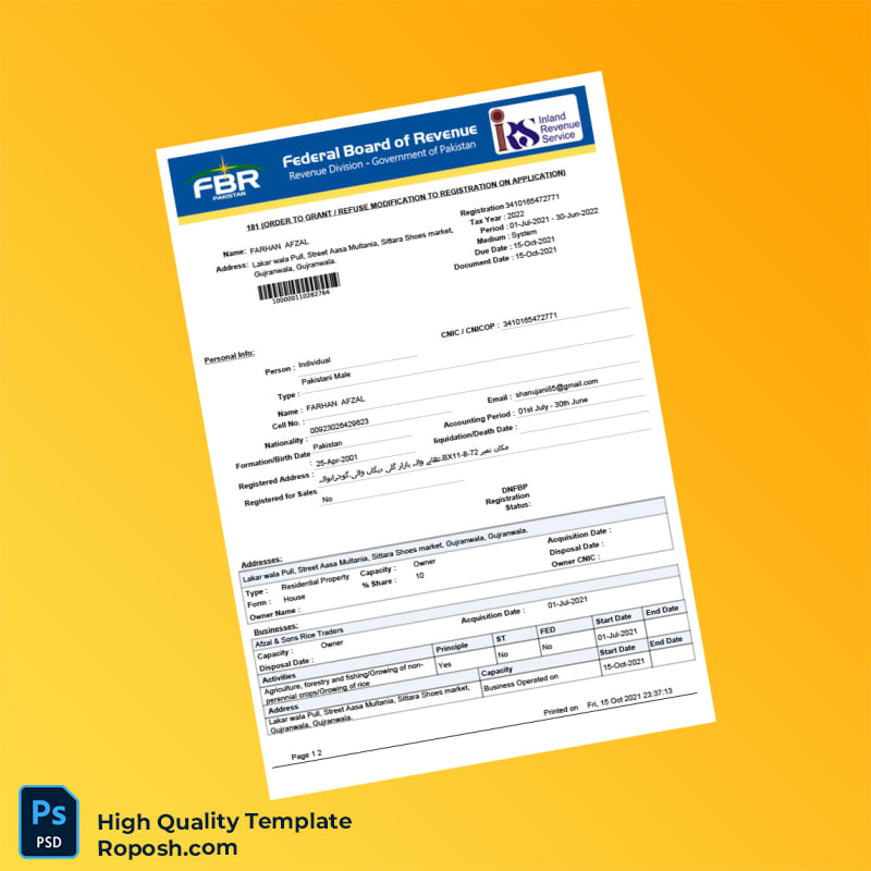 Pakistan Editable Tax Registration Document Template in Word and PDF formats 2 page Pakistan Editable Tax Registration Document Template in Word and PDF formats 2 page