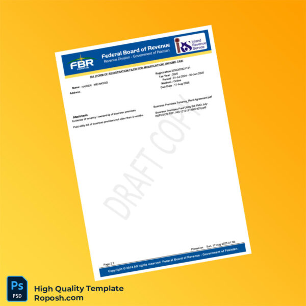 Pakistan Federal Board of Revenue Editable Income Tax Registration Form Template in Word and PDF formats 2 page