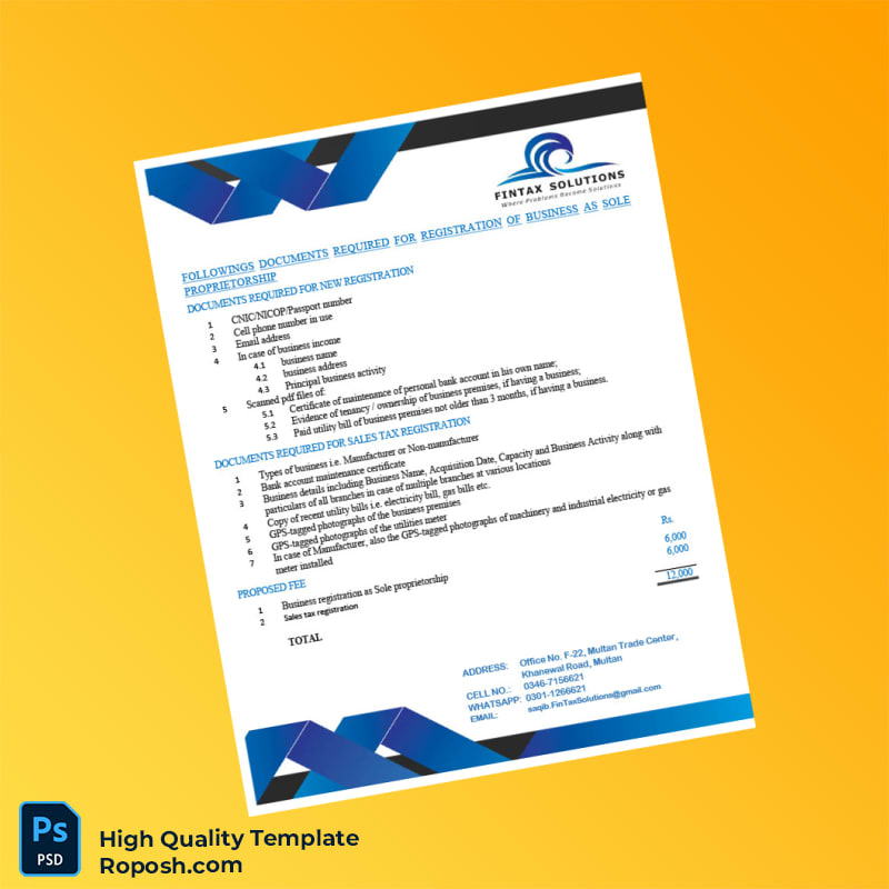 Pakistan Fintax Solutions Editable Sole Proprietorship Business Registration Template in Word and PDF formats Pakistan Fintax Solutions Editable Sole Proprietorship Business Registration Template in Word and PDF formats