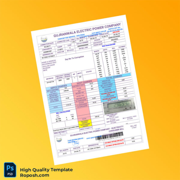 Pakistan Gujranwala Electric Power Company Editable Electricity Bill Template in Word and PDF formats