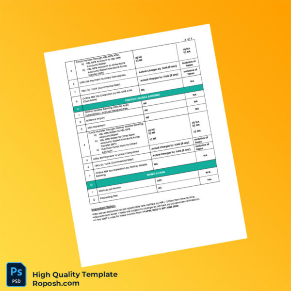 Pakistan HBL MFB Editable Branchless Banking Charges Template in Word and PDF formats 2 page