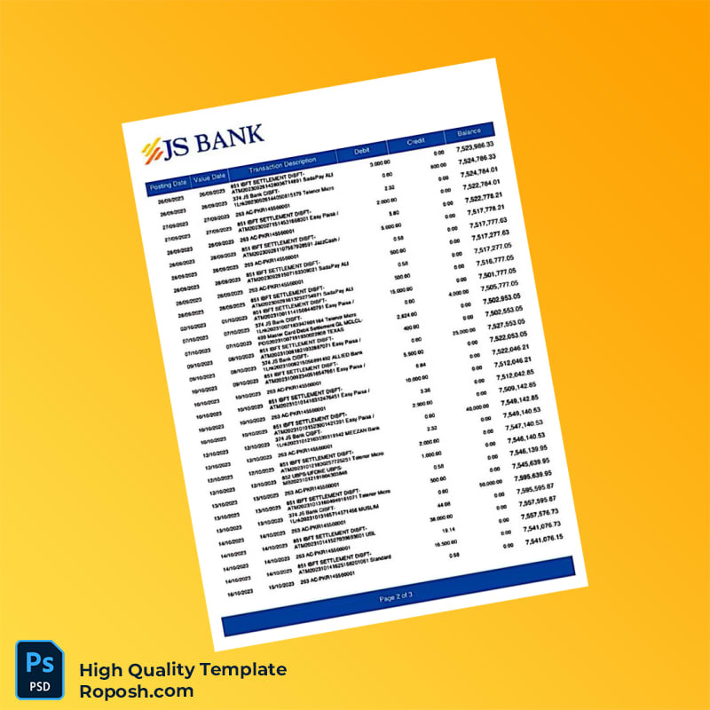 Pakistan JS Bank Bank Statement Template in Word and PDF formats 3 page Pakistan JS Bank Bank Statement Template in Word and PDF formats 3 page