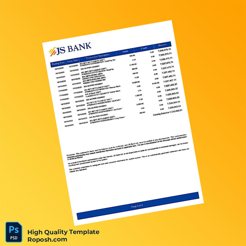 Pakistan JS Bank Bank Statement Template in Word and PDF formats 3 page Pakistan JS Bank Bank Statement Template in Word and PDF formats 3 page