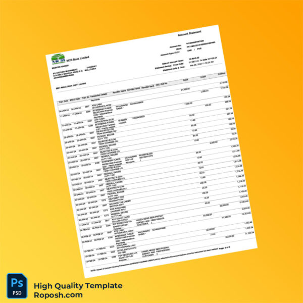 Pakistan MCB Bank Limited Account Statement Template in Word and PDF formats 3 page