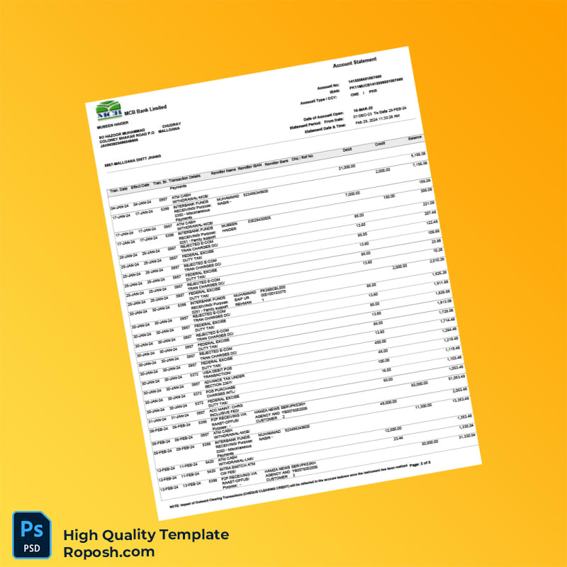 Pakistan MCB Bank Limited Account Statement Template in Word and PDF formats 3 page Pakistan MCB Bank Limited Account Statement Template in Word and PDF formats 3 page