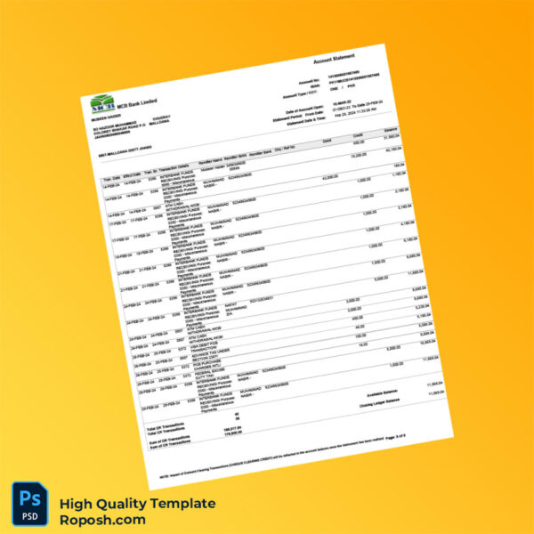 Pakistan MCB Bank Limited Account Statement Template in Word and PDF formats 3 page