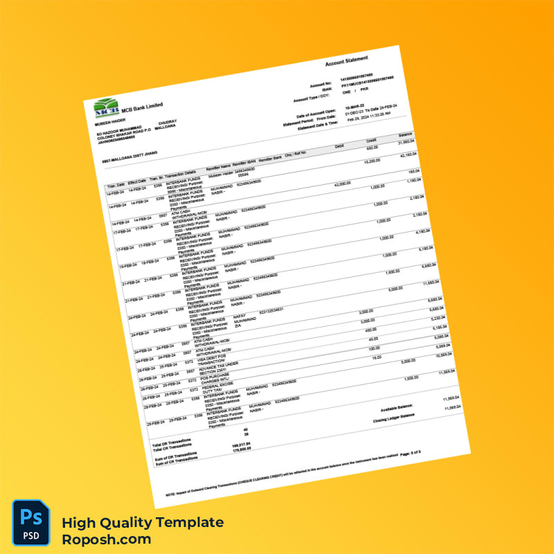 Pakistan MCB Bank Limited Account Statement Template in Word and PDF formats 3 page Pakistan MCB Bank Limited Account Statement Template in Word and PDF formats 3 page