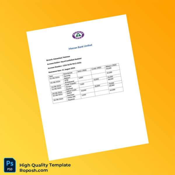 Pakistan Meezan Bank Limited Editable Bank Statement Template in Word and PDF formats
