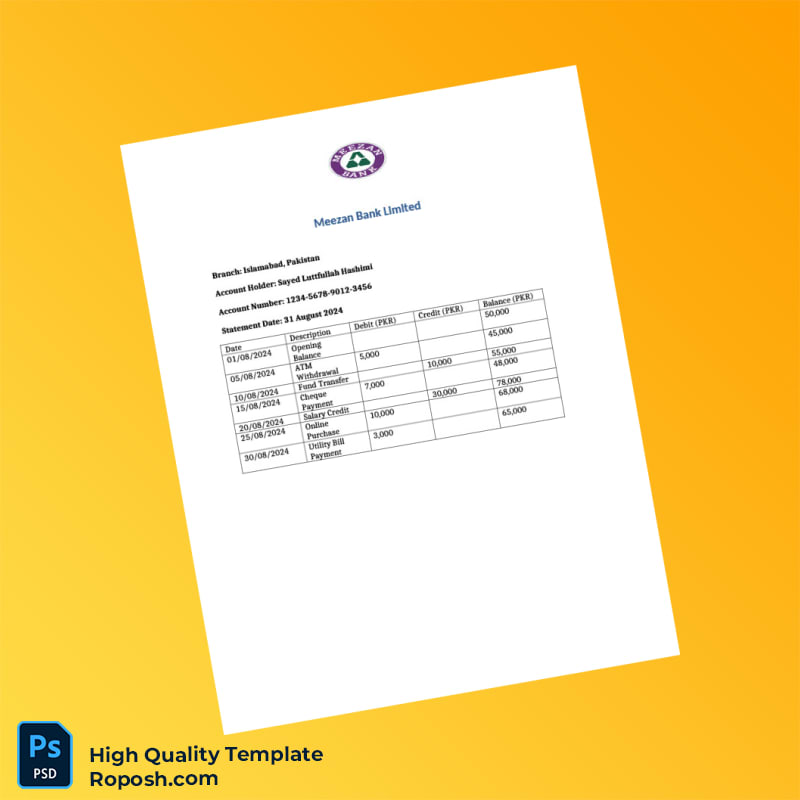 Pakistan Meezan Bank Limited Editable Bank Statement Template in Word and PDF formats Pakistan Meezan Bank Limited Editable Bank Statement Template in Word and PDF formats