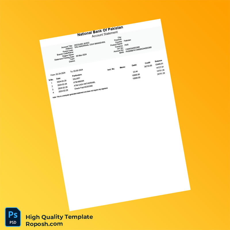 Pakistan National Bank Statement Template in Word and PDF formats Pakistan National Bank Statement Template in Word and PDF formats