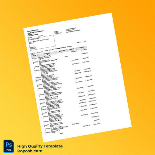 Pakistan Soneri Bank Statement Template in Word and PDF formats 3 page