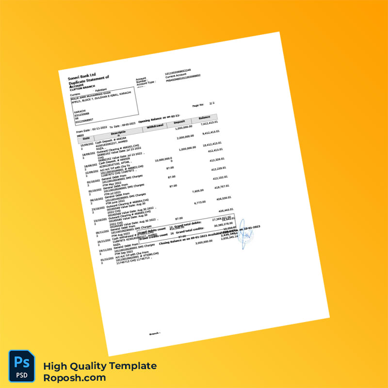 Pakistan Soneri Bank Statement Template in Word and PDF formats 3 page Pakistan Soneri Bank Statement Template in Word and PDF formats 3 page