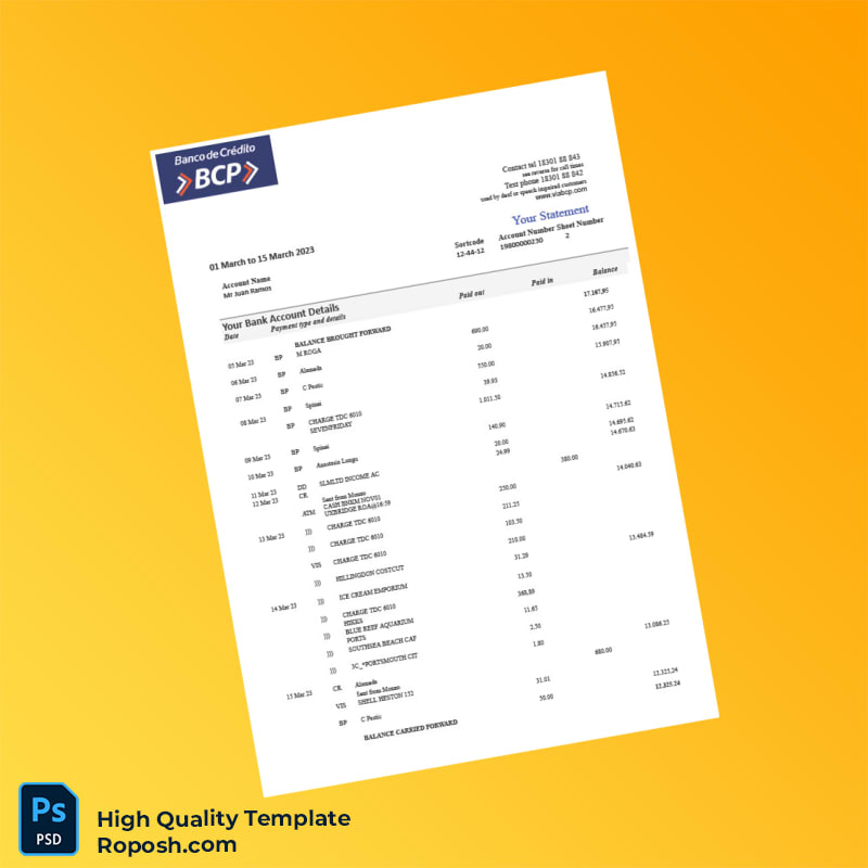 Peru BCP Bank Statement Template in Word and PDF formats 2 page Peru BCP Bank Statement Template in Word and PDF formats 2 page