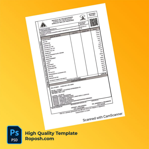 Philippines Quezon City Editable Tax Bill Template in Word and PDF formats