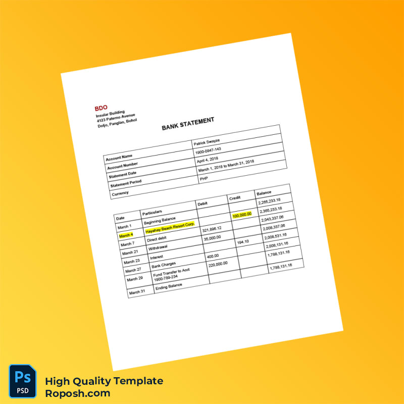 Philippines BDO Bank Statement Template in Word and PDF formats 6 page Philippines BDO Bank Statement Template in Word and PDF formats 6 page