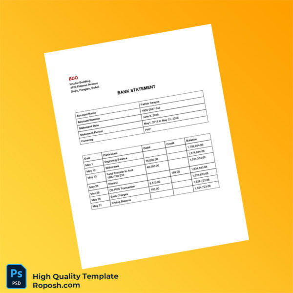 Philippines BDO Bank Statement Template in Word and PDF formats 6 page
