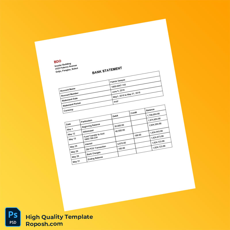 Philippines BDO Bank Statement Template in Word and PDF formats 6 page Philippines BDO Bank Statement Template in Word and PDF formats 6 page