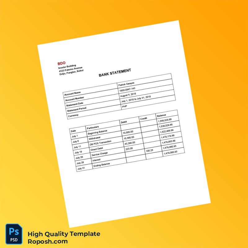 Philippines BDO Bank Statement Template in Word and PDF formats 6 page Philippines BDO Bank Statement Template in Word and PDF formats 6 page
