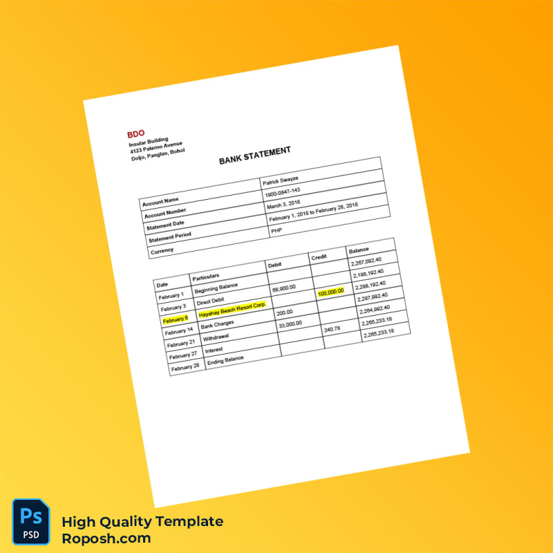 Philippines BDO Bank Statement Template in Word and PDF formats 6 page Philippines BDO Bank Statement Template in Word and PDF formats 6 page