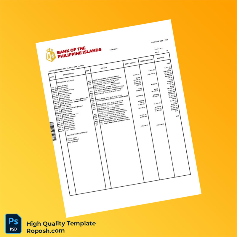 Philippines Bank Of The Philippine Islands Bank Statement Template in Word and PDF formats 4 page Philippines Bank Of The Philippine Islands Bank Statement Template in Word and PDF formats 4 page