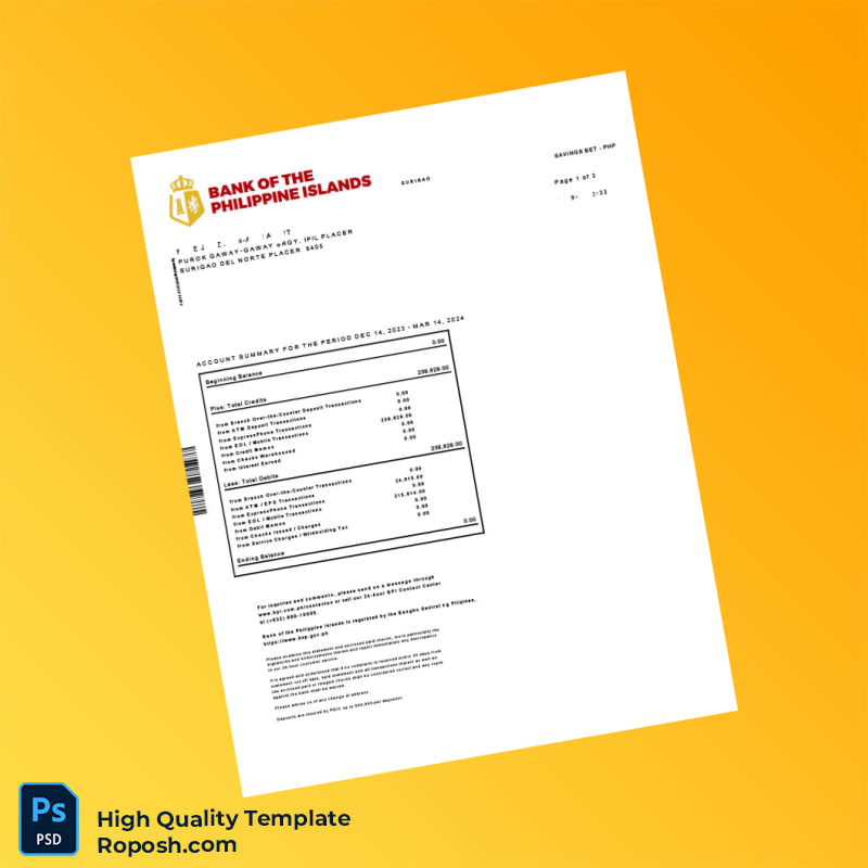 Philippines Bank Of The Philippine Islands Bank Statement Template in Word and PDF formats 4 page Philippines Bank Of The Philippine Islands Bank Statement Template in Word and PDF formats 4 page