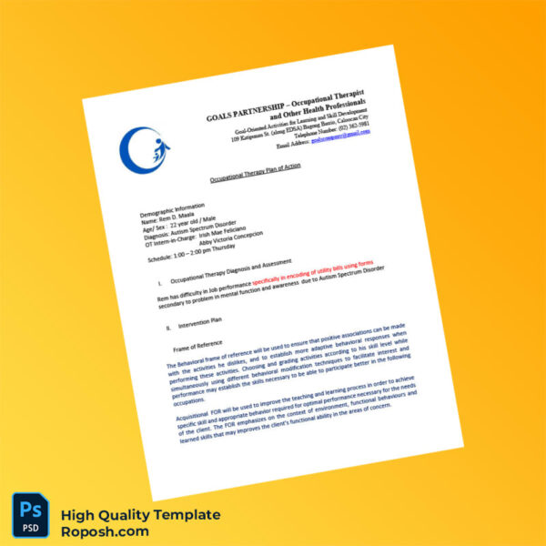 Philippines Editable Occupational Therapy Plan of Action Template in Word and PDF formats 4 page