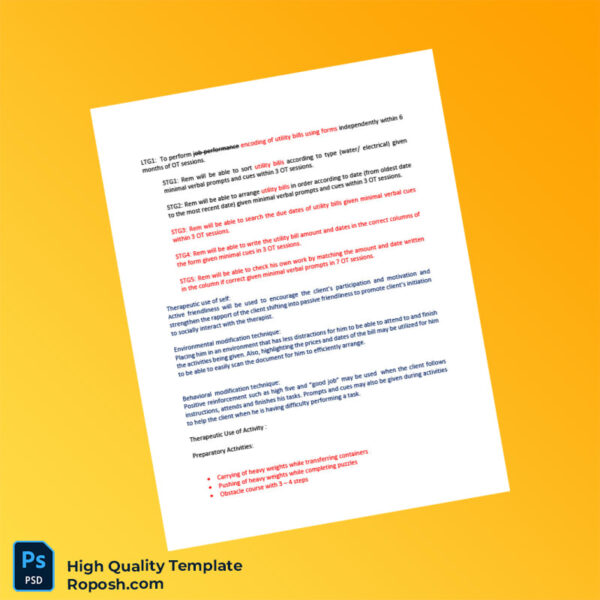 Philippines Editable Occupational Therapy Plan of Action Template in Word and PDF formats 4 page