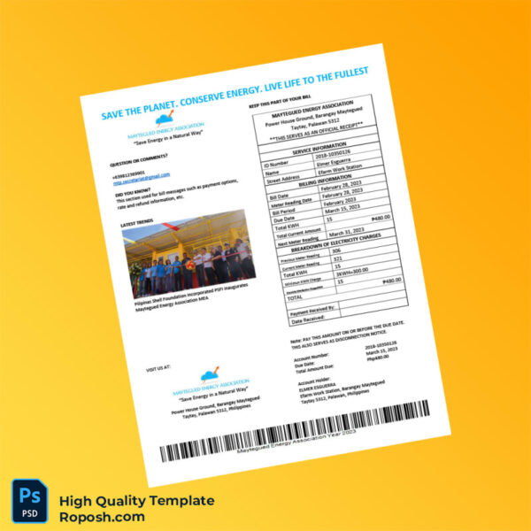 Philippines Maytegued Energy Association Editable Electricity Bill Template in Word and PDF formats