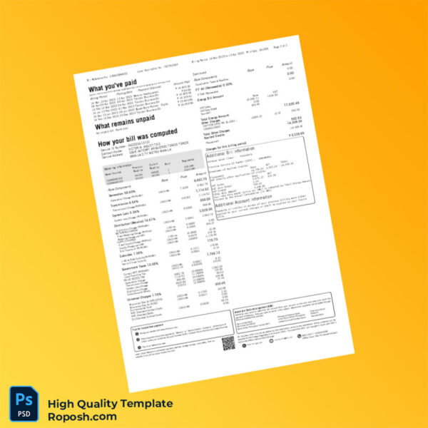 Philippines Meralco Editable Electricity Bill Template in Word and PDF formats 2 page