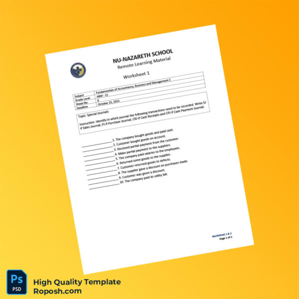 Philippines Nu-Nazareth School Editable Remote Learning Material Worksheet Template in Word and PDF formats 2 page