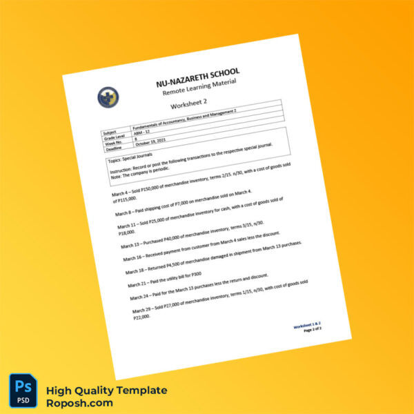 Philippines Nu-Nazareth School Editable Remote Learning Material Worksheet Template in Word and PDF formats 2 page