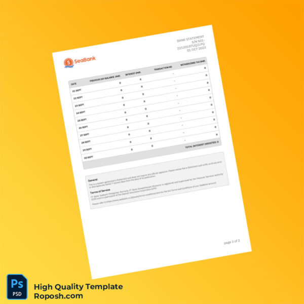 Philippines Seabank Statement Template in Word and PDF formats 2 page