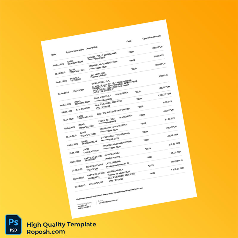 Poland Bank Pekao S A Bank Statement Template in Word and PDF formats 2 page Poland Bank Pekao S A Bank Statement Template in Word and PDF formats 2 page
