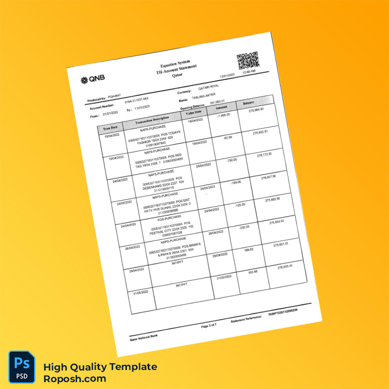 Qatar QNB Bank Statement Template in Word and PDF formats 7 page Qatar QNB Bank Statement Template in Word and PDF formats 7 page
