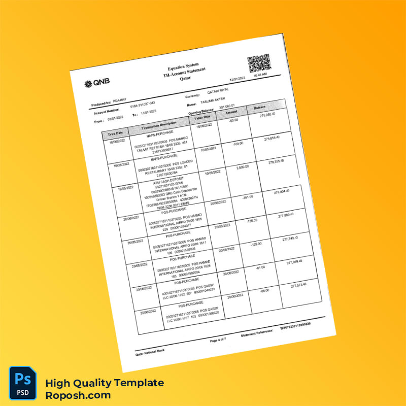 Qatar QNB Bank Statement Template in Word and PDF formats 7 page Qatar QNB Bank Statement Template in Word and PDF formats 7 page